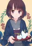  amamiya_chiharu brown_hair japanese_clothes kimono leaf obi original sash short_hair smile snow_bunny violet_eyes yellow_background 