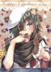  1girl blush cape chocolate eyepatch food green_eyes green_hair hat heart holding holding_food jewelry kantai_collection kiso_(kantai_collection) mouth_hold pauldrons remodel_(kantai_collection) ring sailor_hat short_hair short_sleeves solo valentine wedding_band white_hat yuihira_asu 