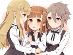  3girls :d ange_(princess_principal) bangs beatrice_(princess_principal) black_dress black_neckwear black_ribbon blonde_hair blue_eyes blunt_bangs blush bow bowtie braid brown_eyes brown_hair closed_mouth double_bun dress eyebrows_visible_through_hair flying_sweatdrops girl_sandwich grey_hair hair_between_eyes hair_flaps hair_ribbon long_hair long_sleeves merry_(168cm) multiple_girls open_mouth parted_lips princess_(princess_principal) princess_principal ribbon sandwiched school_uniform shirt side_bun smile sweat white_shirt yuri 