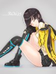  1girl ankle_boots ass bangs black_gloves black_hair black_skirt boots cardigan character_name closed_eyes eyebrows_visible_through_hair fingerless_gloves girls_frontline gloves grey_background hands_on_knee head_on_knee hood hooded_jacket jacket long_hair multicolored_hair off_shoulder olin_(nienxddd) open_mouth pleated_skirt ro635_(girls_frontline) shirt simple_background sitting skirt sleeping sleeping_upright solo streaked_hair thigh-highs thighs twintails white_hair 
