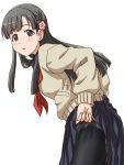  1girl :o adjusting_clothes bangs black_eyes black_hair black_legwear black_skirt blunt_bangs blush cardigan cowboy_shot eyebrows_visible_through_hair flower from_side hair_flower hair_ornament idolmaster idolmaster_cinderella_girls kobayakawa_sae leaning_forward lielos lifted_by_self long_hair long_sleeves looking_at_viewer looking_to_the_side medium_skirt neckerchief open_mouth panties panties_under_pantyhose pantyhose pleated_skirt red_neckwear school_uniform simple_background skirt skirt_lift solo standing tareme underwear white_background white_panties 