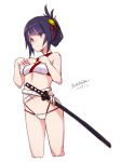  1girl bangs bare_arms bare_shoulders bikini blush breasts crossed_belts dated eyebrows_visible_through_hair folded_ponytail katana maze_(gochama_ze_gohan) medium_breasts multi-strapped_bikini original purple_hair scabbard sheath sheathed sidelocks signature simple_background sketch solo swimsuit sword violet_eyes weapon white_background white_belt white_bikini 