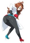  1girl android_21 ass black-framed_eyewear blue_eyes breasts brown_hair checkered checkered_dress closed_mouth curly_hair dragon_ball dragon_ball_fighterz dress earrings from_behind glasses haruhisky high_heels highres hoop_earrings jewelry labcoat large_breasts long_hair looking_at_viewer looking_back pantyhose shiny shiny_hair shiny_skin simple_background solo standing white_background 