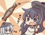  2girls akatsuki_(kantai_collection) black_hat blue_eyes commentary_request fishing_hook fishing_line fishing_rod flat_cap hair_between_eyes hat hibiki_(kantai_collection) kantai_collection kata_meguma long_hair multiple_girls open_mouth purple_hair silver_hair translation_request violet_eyes 