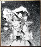  1girl :d absurdres apron bow braid eyebrows_visible_through_hair frilled_hat frills greyscale hand_up hat hat_bow highres kirisame_marisa long_sleeves looking_at_viewer maid_apron monochrome open_mouth photo sasa_kichi smile solo touhou traditional_media vest w witch_hat 