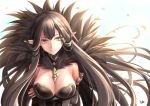  1girl bare_shoulders between_breasts black_dress black_hair breasts cleavage commentary_request detached_sleeves dress fate/apocrypha fate_(series) large_breasts long_hair looking_at_viewer pointy_ears semiramis_(fate) smile solo toshi_(1-147) upper_body very_long_hair yellow_eyes 