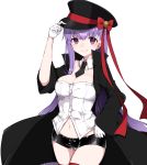  &gt;:) 1girl alternate_costume bangs bb_(fate/extra_ccc) black_coat black_neckwear black_shorts bow breasts cleavage coat cowboy_shot fate/extra fate/extra_ccc fate_(series) gloves hat hat_bow hat_tip highres large_breasts long_hair long_sleeves looking_at_viewer navel necktie open_clothes open_coat purple_hair red_bow red_legwear red_ribbon ribbon short_shorts shorts smile solo strapless takae_(poupee_en_biscuit) thigh-highs tubetop very_long_hair violet_eyes white_background white_gloves 