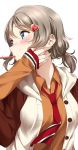  1girl bangs blue_eyes blush buttons eyebrows_visible_through_hair grey_hair hair_ornament hairclip hand_on_own_cheek highres long_sleeves looking_to_the_side love_live! love_live!_school_idol_project love_live!_sunshine!! low_tied_hair necktie orange_shirt school_uniform shirt short_hair sleeves_past_wrists surfing_orange upper_body watanabe_you 