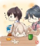  3girls ^_^ ^o^ artist_name black_hair blonde_hair brown_hair closed_eyes commentary_request cup eating engrish food fruit graf_zeppelin_(kantai_collection) hair_between_eyes houshou_(kantai_collection) japanese_clothes kaga_(kantai_collection) kantai_collection kimono kotatsu long_hair mandarin_orange multiple_girls open_mouth pink_kimono ponytail ranguage short_hair side_ponytail sidelocks sleeping smile table taisa_(kari) tasuki twintails 