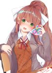  1girl absurdres arm_rest artist_name bangs blazer blush bow box breasts brown_hair chair collared_shirt commentary d: desk doki_doki_literature_club embarrassed eyebrows_visible_through_hair gift gift_box green_eyes hair_bow hand_up head_tilt heart heart-shaped_box highres holding holding_gift jacket letter long_hair long_sleeves looking_at_viewer medium_breasts monika_(doki_doki_literature_club) neck_ribbon nose_blush open_mouth ponytail red_ribbon ribbon school_desk school_uniform shirt sidelocks simple_background sitting solo thigh-highs upper_body valentine vest white_background wing_collar xhunzei 