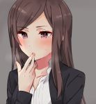  1girl black_jacket blush brown_hair collarbone dorothy_(princess_principal) finger_licking fingernails grey_background jacket licking long_hair long_sleeves merry_(168cm) princess_principal saliva shirt simple_background solo violet_eyes white_shirt 