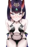  1girl bangs bare_shoulders blush bob_cut breasts closed_mouth collarbone dearonnus eyebrows_visible_through_hair fangs fangs_out fate/grand_order fate_(series) glasses gluteal_fold headpiece highres horns japanese_clothes kimono looking_at_viewer navel off_shoulder oni oni_horns purple_hair revealing_clothes short_hair shuten_douji_(fate/grand_order) simple_background small_breasts smile solo violet_eyes white_background 