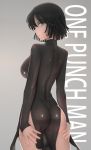  1girl ass_grab black_dress black_hair breasts closed_mouth commentary_request copyright_name dress from_behind fubuki_(one-punch_man) grabbing_own_ass green_dress green_eyes grey_background highres large_breasts legs_together long_sleeves looking_at_viewer looking_back one-punch_man shiny shiny_clothes short_hair side_slit simple_background siraha solo standing 