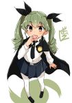  1girl anchovy anzio_school_uniform bangs barashiya black_belt black_cape black_footwear black_neckwear black_ribbon blue_skirt cape collared_shirt dress_shirt drill_hair eating eyebrows_visible_through_hair food food_in_mouth girls_und_panzer green_hair hair_between_eyes hair_ribbon highres holding holding_food loafers long_hair long_sleeves necktie pantyhose pleated_skirt red_eyes ribbon school_uniform shirt shoes signature skirt solo standing twin_drills twintails white_background white_legwear white_shirt 