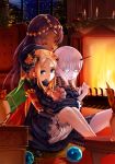  3girls :d ^_^ abigail_williams_(fate/grand_order) armchair black_bow black_dress black_hat blonde_hair bloomers blue_eyes bow candle chair closed_eyes closed_mouth commentary_request dark_skin dress fate/grand_order fate_(series) fire fireplace hair_bow hat highres hopper horn hug hug_from_behind indoors lavinia_whateley_(fate/grand_order) long_hair long_sleeves looking_at_viewer multiple_girls night night_sky object_hug open_mouth orange_bow pale_skin parted_lips pink_eyes polka_dot polka_dot_bow purple_hair queen_of_sheba_(fate/grand_order) revision silver_hair sitting sky sleeves_past_wrists smile star_(sky) starry_sky stuffed_animal stuffed_toy teddy_bear underwear vase very_long_hair white_bloomers wide-eyed window 