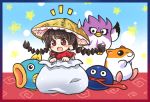  1girl :d ajirogasa bangs black_eyes black_hair blue_background blunt_bangs blush braid brown_hat coo_(kirby) crossover earlobes eyebrows_visible_through_hair flying framed frilled gooey hat in_container in_sack kine_(kirby) kirby&#039;s_dream_land_2 kirby_(series) long_hair open_mouth pote_(ptkan) red_eyes rick_(kirby) sack smile star sweatdrop tongue tongue_out touhou twin_braids yatadera_narumi 