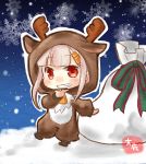  1girl animal_costume antlers artist_name blonde_hair commentary_request grin hair_ornament hairclip highres kantai_collection long_hair red_eyes reindeer_antlers reindeer_costume remodel_(kantai_collection) smile snowflakes solo taisa_(kari) yuudachi_(kantai_collection) 