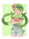 1girl :d blush bounsweet closed_eyes cropped_legs dark-skinned_female dark_skin facing_viewer flower green_background green_hair hair_flower hair_ornament headband heart hug long_hair low_twintails mallow_(pokemon) open_mouth overalls pokemon pokemon_(creature) sasa_kichi simple_background smile standing twintails