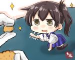  1girl admiral_(kantai_collection) all_fours bangs black_legwear blue_skirt brown_hair chibi commentary_request drooling eyebrows_visible_through_hair food grey_eyes highres holding holding_food japanese_clothes kaga_(kantai_collection) kantai_collection pleated_skirt short_hair side_ponytail signature skirt taisa_(kari) thigh-highs trembling 