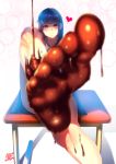  1girl adjusting_hair bangs bare_legs black_hair blunt_bangs blurry chocolate closed_mouth dated depth_of_field desk eyebrows_visible_through_hair feet food_on_body heart highres k.ty_(amejin) leg_up long_hair looking_at_viewer on_desk original pouring school_desk shadow signature soles solo star toes valentine violet_eyes white_background 