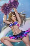  1girl abs arms_up bent_knee black_hair breasts brown_eyes cheerleader cleavage cowboy_shot d.va_(overwatch) didi_esmeralda facial_mark headphones long_hair looking_away midriff navel overwatch panties pantyshot patreon_username pleated_skirt pom_poms skirt sports_bra standing tan tanline underwear white_panties 