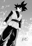  1boy 2016 artist_name black_eyes black_hair clenched_hands dated dougi dragon_ball dragon_ball_super earrings frown gokuu_black grey_background greyscale jewelry karoine long_sleeves looking_away male_focus monochrome serious short_hair simple_background spiky_hair standing 