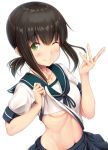  1girl blue_skirt blush breasts brown_hair collarbone eyebrows_visible_through_hair fubuki_(kantai_collection) green_eyes ichikawa_feesu kantai_collection looking_at_viewer navel one_eye_closed pleated_skirt ponytail school_uniform serafuku shirt_lift short_hair sidelocks simple_background skirt small_breasts smile solo upper_body white_background 