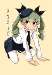  1girl anchovy arm_support bangs barashiya beret black_cape black_footwear black_hat black_neckwear black_ribbon black_skirt blush_stickers cape closed_mouth collared_shirt drill_hair eyebrows_visible_through_hair full_body girls_und_panzer green_hair hair_between_eyes hair_ribbon hat highres kneeling loafers long_hair long_sleeves looking_at_viewer necktie pantyhose pleated_skirt red_eyes ribbon school_uniform shirt shoes skirt smile solo translated twin_drills twintails white_legwear white_shirt 