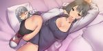  1girl :p arm_up black_dress black_hair black_panties breasts cleavage dress harabacho_(gkfkqkch1) hood hoodie large_breasts leg_up looking_at_viewer lying on_back open_clothes open_hoodie original panties pillow short_hair solo tongue tongue_out underwear violet_eyes 