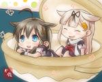  2girls :d ahoge black_gloves black_ribbon blonde_hair blue_eyes blush brown_hair chibi commentary_request eyebrows_visible_through_hair gloves hair_flaps hair_ornament hair_ribbon hairclip in_bowl in_container kantai_collection long_hair multiple_girls neckerchief open_mouth puffy_short_sleeves puffy_sleeves red_neckwear remodel_(kantai_collection) ribbon scarf shigure_(kantai_collection) short_sleeves smile taisa_(kari) white_scarf yuudachi_(kantai_collection) 