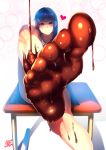  1girl adjusting_hair bangs bare_legs black_hair blunt_bangs chocolate closed_mouth commentary_request dated desk eyebrows_visible_through_hair feet food_on_body heart highres k.ty_(amejin) leg_up long_hair looking_at_viewer on_desk original pouring school_desk shadow signature soles solo star toes valentine violet_eyes white_background 