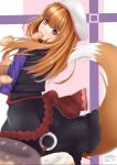  1girl black_jacket black_skirt bread brown_hair carrying_bag cowboy_shot doughnut fang food food_in_mouth from_behind hat holo jacket looking_at_viewer looking_back purple_shirt red_eyes shirt skirt solo spice_and_wolf tail wolf_tail 