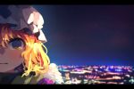  1girl akaiha_(akaihasugk) blonde_hair blurry blurry_background cityscape face hat letterboxed looking_at_viewer maribel_hearn mob_cap night night_sky scenery short_hair sky solo star_(sky) starry_sky tears touhou yellow_eyes 