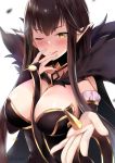  1girl ;q artist_name bare_shoulders black_dress black_hair breasts detached_sleeves dress fate/apocrypha fate_(series) kaetzchen large_breasts long_hair looking_at_viewer one_eye_closed outstretched_arm pointy_ears semiramis_(fate) solo tongue tongue_out yellow_eyes 