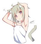  1girl :o animal_ears armpits arms_up bare_arms bare_shoulders blush breasts camisole cat_ears cat_girl cat_tail dated green_hair head_tilt looking_at_viewer maze_(gochama_ze_gohan) original parted_lips signature simple_background small_breasts solo tail violet_eyes white_background white_camisole 