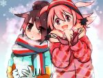  2girls :d alternate_hairstyle bags_under_eyes black_hair blush breath coat commentary_request cosplay fingerless_gloves gloves hair_bun hair_up hat kagamihara_nadeshiko kagamihara_nadeshiko_(cosplay) kuroki_tomoko multicolored multicolored_stripes multiple_girls nemoto_hina open_mouth pink_hair plaid scarf shima_rin shima_rin_(cosplay) side-by-side smile snowflakes striped striped_scarf two_side_up watashi_ga_motenai_no_wa_dou_kangaetemo_omaera_ga_warui! winter_clothes yunoi_souko yurucamp 