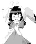  1girl animal_ears blush bright_pupils dress eyebrows_visible_through_hair greyscale holding inaba_tewi low_twintails monochrome nose_blush puffy_short_sleeves puffy_sleeves rabbit_ears sasa_kichi short_sleeves simple_background solo standing touhou twintails upper_body white_background 