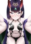  1girl bangs bare_shoulders blush bob_cut breasts closed_mouth collarbone dearonnus eyebrows_visible_through_hair fangs fangs_out fate/grand_order fate_(series) glasses gluteal_fold headpiece highres horns japanese_clothes kimono looking_at_viewer navel off_shoulder oni oni_horns purple_hair revealing_clothes short_hair shuten_douji_(fate/grand_order) simple_background small_breasts smile solo violet_eyes white_background 