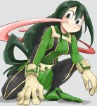  1girl asui_tsuyu black_eyes bodysuit boku_no_hero_academia breasts frog_girl gloves green_bodysuit green_hair highres long_hair long_tongue medium_breasts one_knee solo thigh-highs tongue tongue_out vorupi 