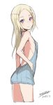  1girl backless_outfit bangs bare_arms bare_shoulders blonde_hair blue_sweater blush closed_mouth cowboy_shot dated long_hair looking_at_viewer looking_to_the_side maze_(gochama_ze_gohan) meme_attire naked_sweater original parted_bangs ribbed_sweater signature simple_background smile solo sweater violet_eyes virgin_killer_sweater white_background 