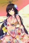  1girl blue_flower blush bow brown_hair closed_mouth egasumi eyebrows_visible_through_hair floral_print flower hair_flower hair_ornament head_tilt holding holding_umbrella japanese_clothes kimono large_bow long_hair long_sleeves looking_at_viewer low-tied_long_hair low_twintails obi original pink_flower pink_kimono print_kimono sash seiza shiny shiny_hair sitting smile solo subaru_(hz) twintails umbrella very_long_hair violet_eyes wide_sleeves 