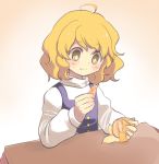  1girl ahoge blonde_hair blush bright_pupils closed_mouth commentary_request eating eyebrows_visible_through_hair food fruit gradient gradient_background holding kirisame_marisa kotatsu long_sleeves mandarin_orange pink_background puffy_long_sleeves puffy_sleeves purple_vest sasa_kichi short_hair solo table touhou vest yellow_eyes 