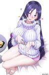  1girl bed blush breasts fate/grand_order fate_(series) food full-face_blush full_body half-closed_eyes heart huge_breasts legs long_hair looking_at_viewer mature minamoto_no_raikou_(fate/grand_order) on_bed open_mouth purple_hair short_shorts shorts sitting sweater unadon very_long_hair violet_eyes 