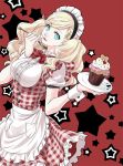  1girl blonde_hair blue_eyes bow bowtie dress eating food fork long_hair looking_at_viewer maid maid_headdress oto_nagi persona persona_5 skirt smile solo takamaki_anne twintails 
