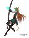  1girl absurdres ahoge alaya animal_ears atalanta_(fate) blonde_hair bow_(weapon) cat_ears character_name copyright_name english fate/apocrypha fate/grand_order fate_(series) full_body green_eyes green_hair highres long_hair multicolored_hair simple_background solo thigh-highs weapon white_background 