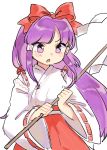  1girl :o bangs blunt_bangs bow character_request copyright_request detached_sleeves hair_bow hair_tubes highres holding japanese_clothes long_hair long_sleeves miko purple_hair red_bow red_skirt sasa_kichi skirt solo upper_body violet_eyes wide_sleeves 