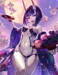  1girl :d backlighting bangs bare_shoulders blunt_bangs bob_cut bowl breasts cherry_blossoms collarbone cowboy_shot cup eyebrows_visible_through_hair eyeshadow falling_petals fangs fate/grand_order fate_(series) fingernails food fruit full_moon gem glint gluteal_fold goqgoq grapes groin half-closed_eyes head_tilt headpiece highres holding holding_bowl horns japanese_clothes kimono light_rays long_sleeves looking_at_viewer makeup moon navel off_shoulder one_leg_raised oni oni_horns open_clothes open_kimono open_mouth outdoors peach petals print_kimono purple_hair purple_kimono purple_sky revealing_clothes sakazuki short_eyebrows short_hair shuten_douji_(fate/grand_order) signature sky small_breasts smile solo standing stomach thigh_gap tree turtleneck violet_eyes white_skin yellow_moon 