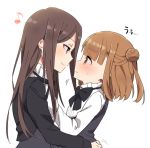  2girls bangs beatrice_(princess_principal) black_dress black_jacket blush brown_eyes brown_hair closed_mouth dorothy_(princess_principal) double_bun dress eye_contact eyebrows_visible_through_hair hug jacket long_hair long_sleeves looking_at_another merry_(168cm) multiple_girls musical_note princess_principal quaver school_uniform shirt side_bun simple_background smile sweatdrop violet_eyes white_background white_shirt yuri 