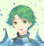  1boy alm_(fire_emblem) armor artist_name circlet fire_emblem fire_emblem_echoes:_mou_hitori_no_eiyuuou green_background green_eyes green_hair highres male_focus open_mouth portrait simple_background star teeth 