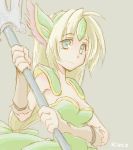  1girl armor bangs blonde_hair blue_eyes breasts cleavage closed_mouth commentary_request dress green_dress helmet holding holding_weapon long_hair looking_at_viewer polearm riesz seiken_densetsu seiken_densetsu_3 solo weapon 